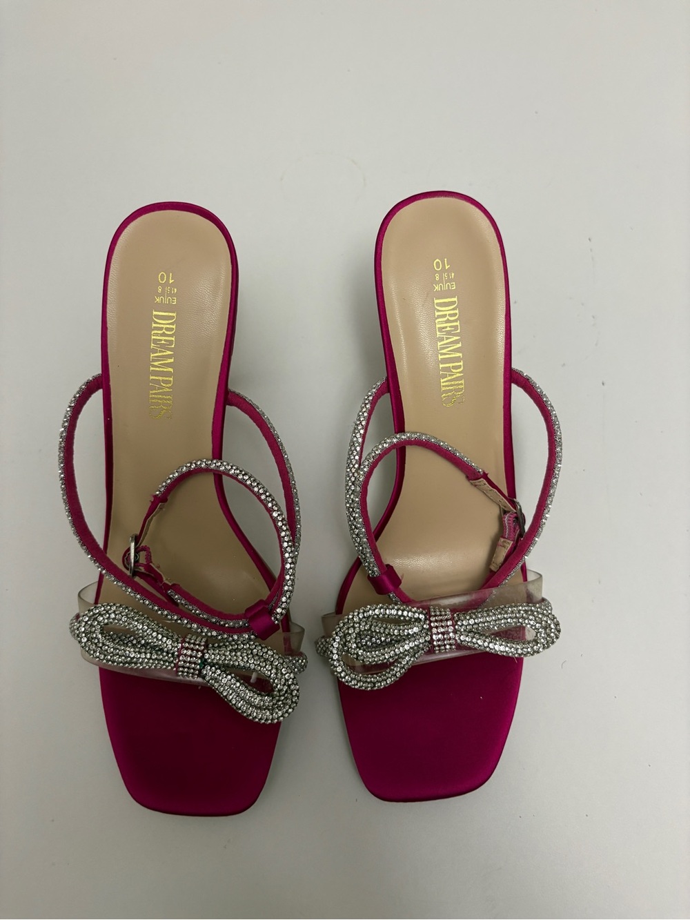 Dream Pairs Women's Fuchsia Satin Bow Heeled Sandals with Crystal Straps